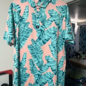 Bad Birdie Men's Tropical Print Polo Shirt - Pink and Green